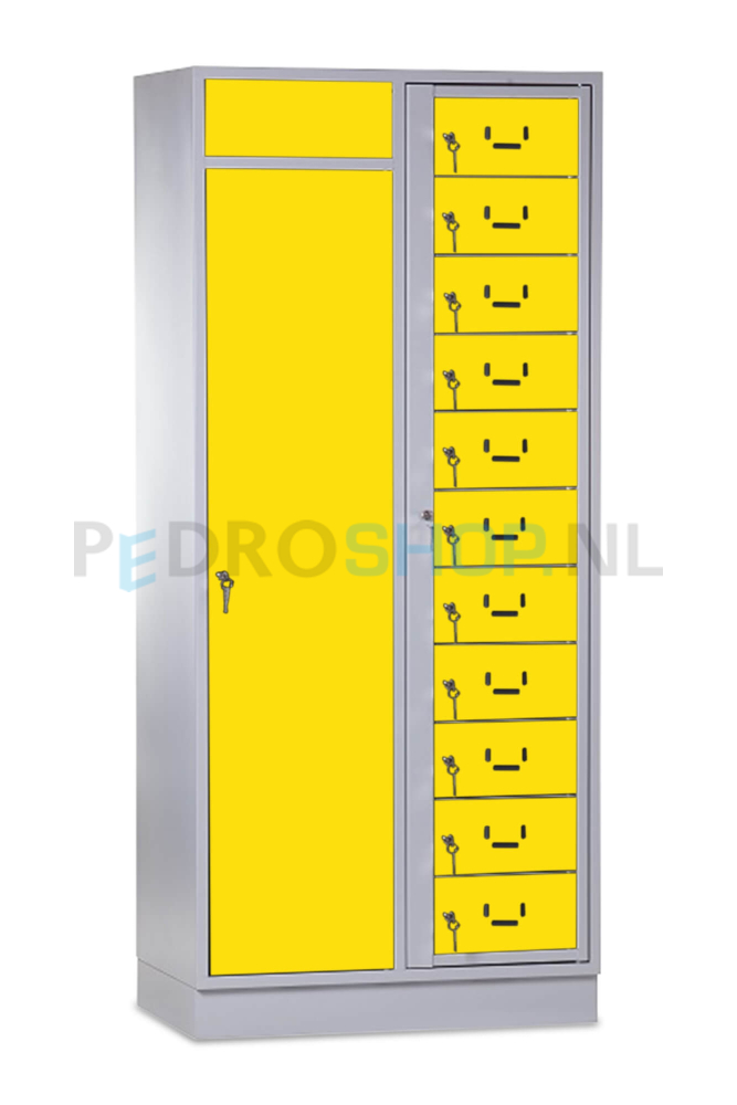 SQ combinatie kledingdistributie- en wasopvangkast, 11-deurs, geel