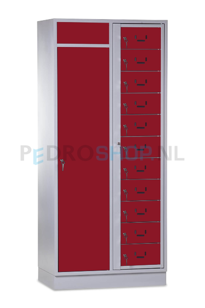SQ combinatie kledingdistributie- en wasopvangkast, 11-deurs, rood