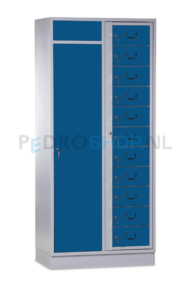 SQ combinatie kledingdistributie- en wasopvangkast, 11-deurs, blauw