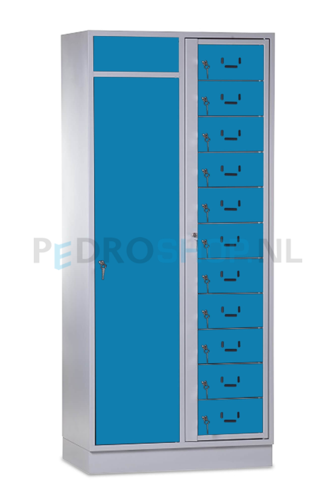 SQ combinatie kledingdistributie- en wasopvangkast, 11-deurs, blauw