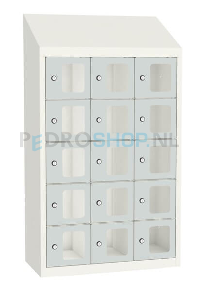 SQ Classic kantine locker, 3-koloms, 15-deurs, transparant venster, lichtgrijs